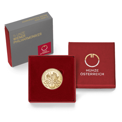 Packshot rotes Etui 1/2 Unze Gold Wiener Philharmoniker