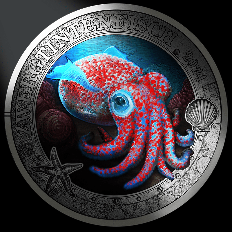 Zwergtintenfisch 3-Euro-Münze Revers leuchtend