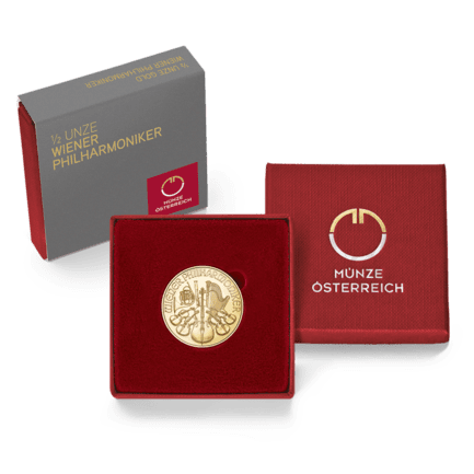 Packshot rotes Etui 1/2 Unze Gold Wiener Philharmoniker