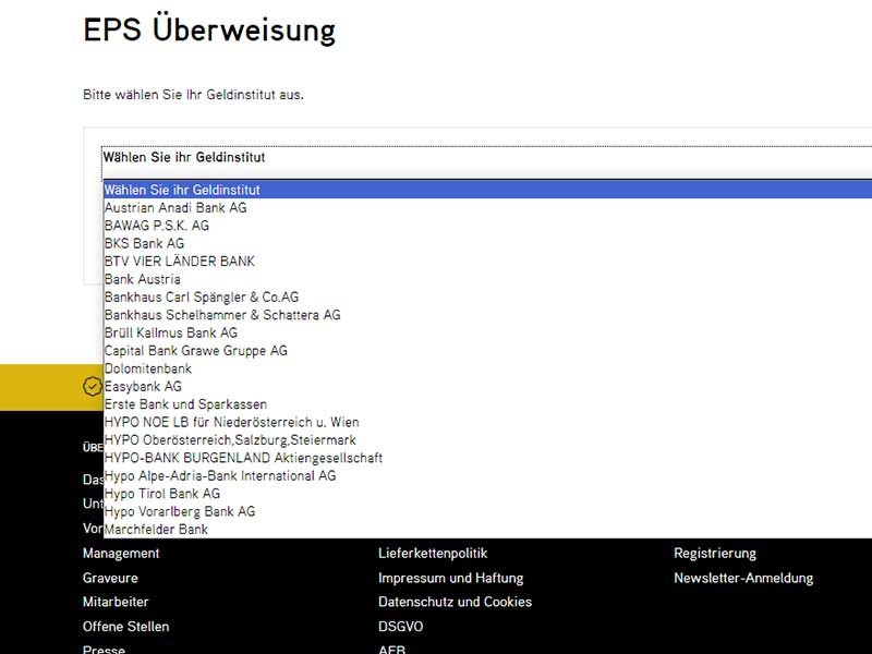 Screenshot EPS als Zahlungsart Auswahl Bank