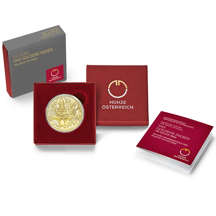 2023 100-Euro Goldmünze Das goldene Indien Etui-Verpackung