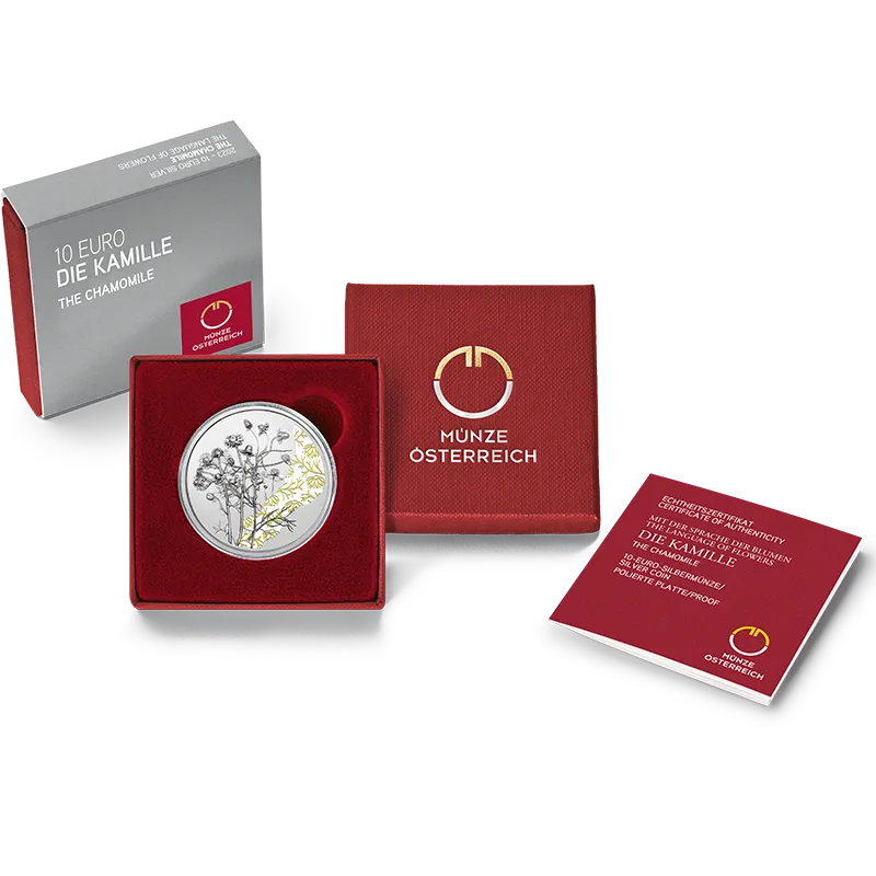 10-Euro-Münze Die Kamille im Etui, Darstellung geöffnet mit Zertifikat
